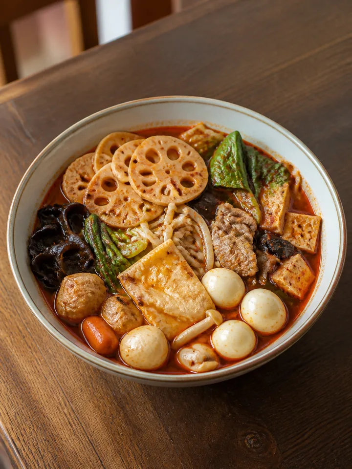 A bowl of malatang with vegetables, noodles, and meat